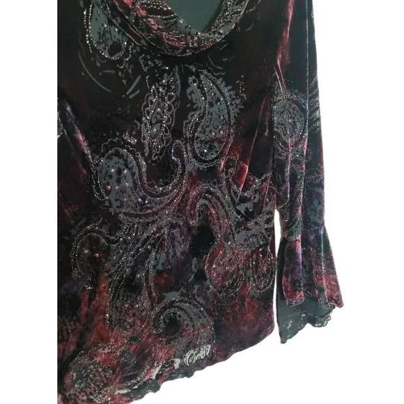 Carmen Marc Valvo Size 2x Bell Sleeve Cowl Neck Paisley Velvet Top Blouse Gothic - Picture 4 of 12